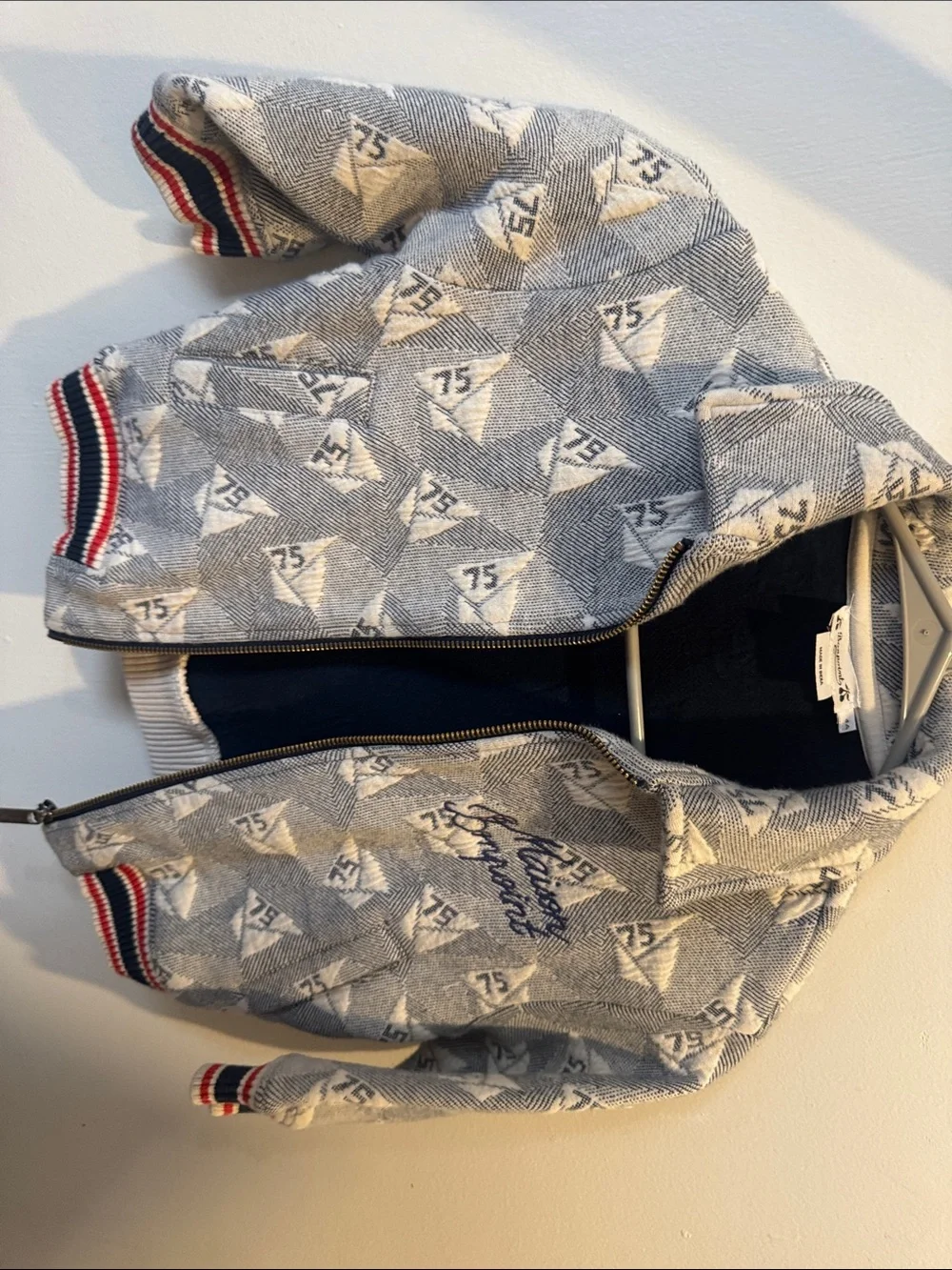 Bonpoint Gray Patterned Kids Zip Puffer Jacket with Red & Navy Trim